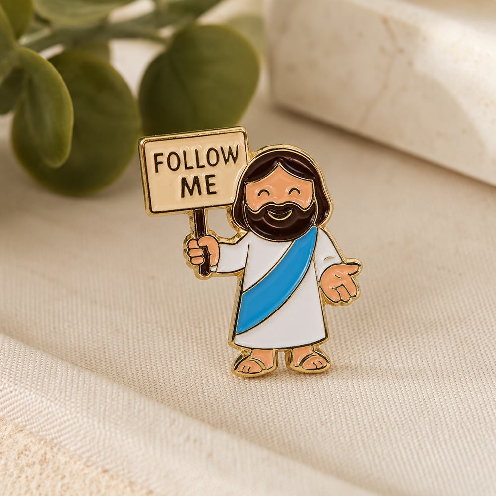 Follow Me Enamel Pin - Little Jesus With A Follow Me Sign - Pack of 3 - Image 2