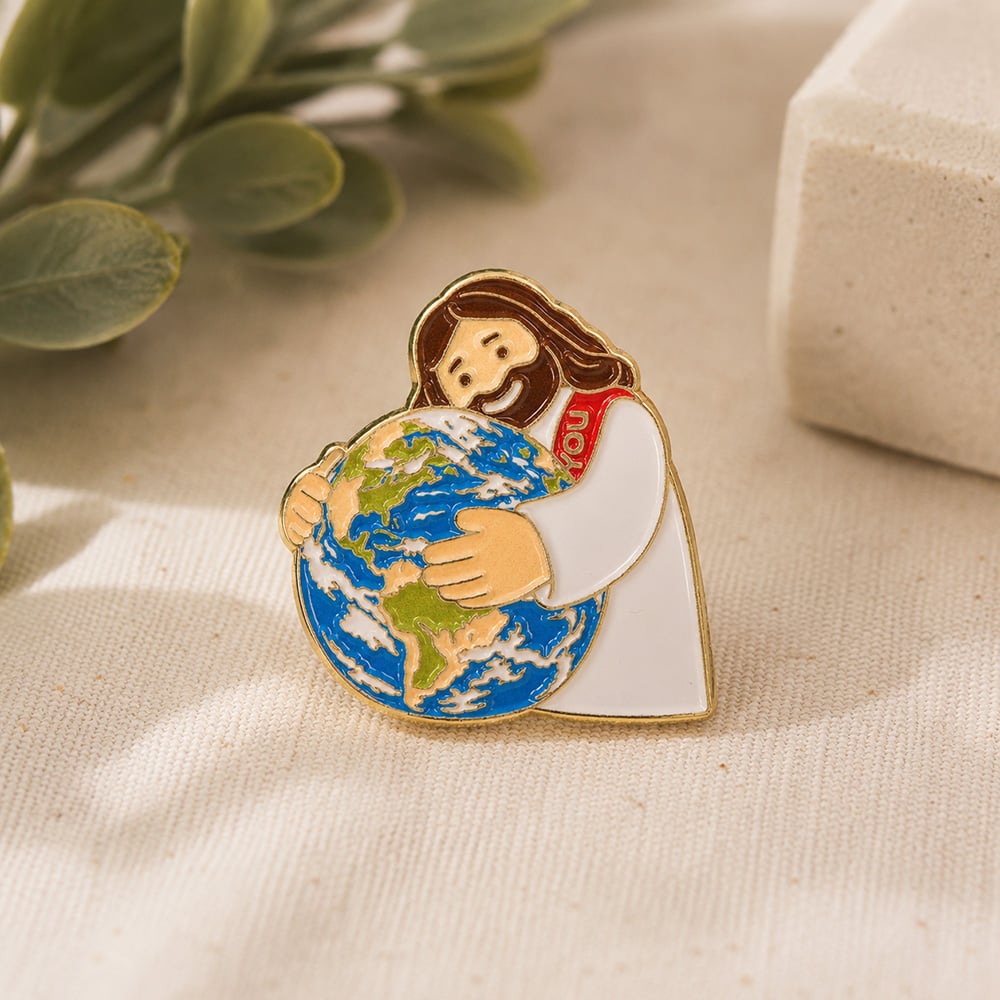 Jesus Loves The World Enamel Pin - Jesus Holding Earth - Pack of 3 - Image 2