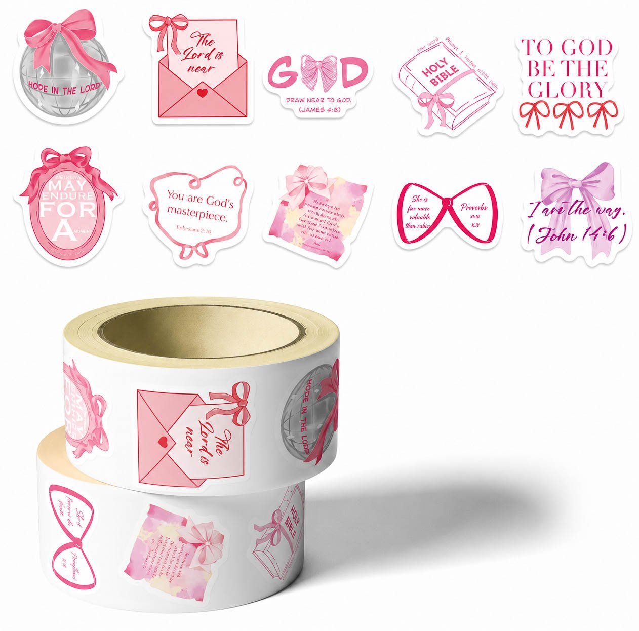 Christian Stickers - Pink Bow Bible Verse Roll, 500 Count - Image 2