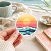 Christian sunrise sticker with ‘His mercies are new every morning’ scripture quote, inspirational faith decal in cozy beach-style setting