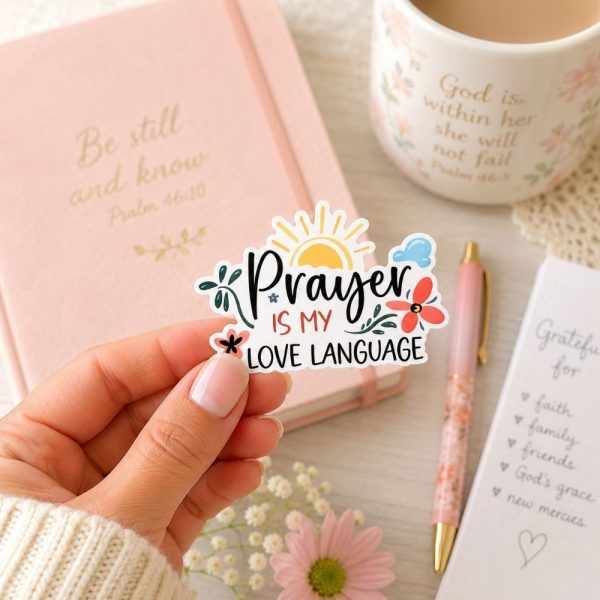 Cute Christian prayer sticker with colorful floral lettering, faith-inspired vinyl decal in cozy feminine workspace