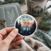 Christian Psalm 46:10 sticker featuring mountain forest landscape, calming faith-inspired vinyl decal for journals and water bottles
