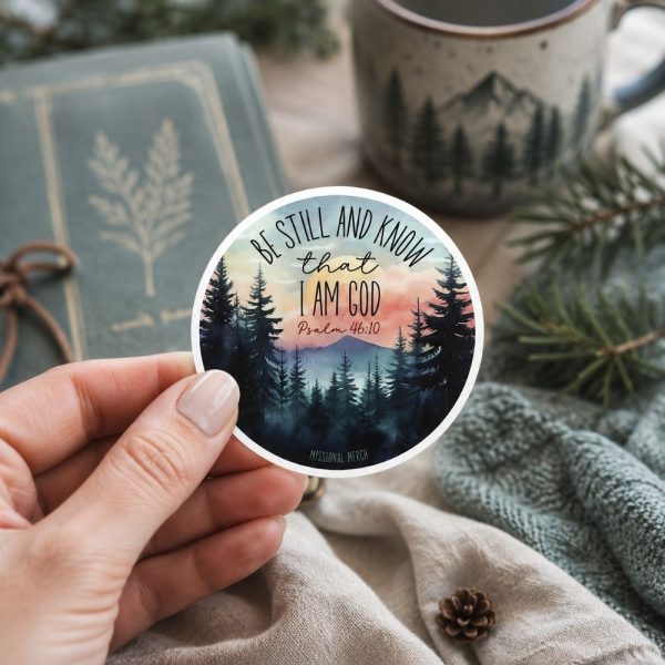 Christian Psalm 46:10 sticker featuring mountain forest landscape, calming faith-inspired vinyl decal for journals and water bottles