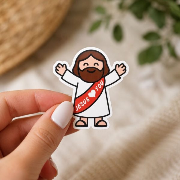 Adorable Jesus Loves You sticker with cartoon Jesus illustration, faith-based decal for kids and Christian gifts