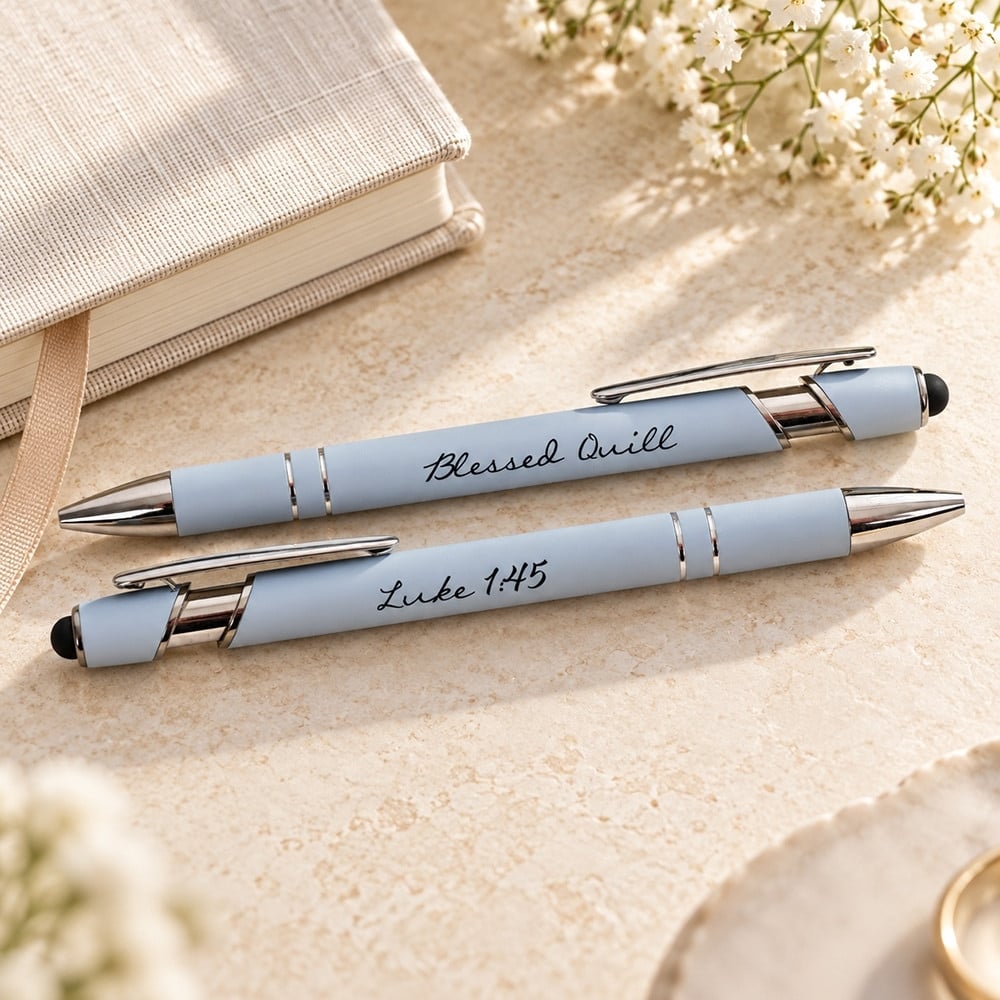 Blessed Quill Pen - Luke 1:45 Baby Blue Soft Touch with Stylus - Image 2