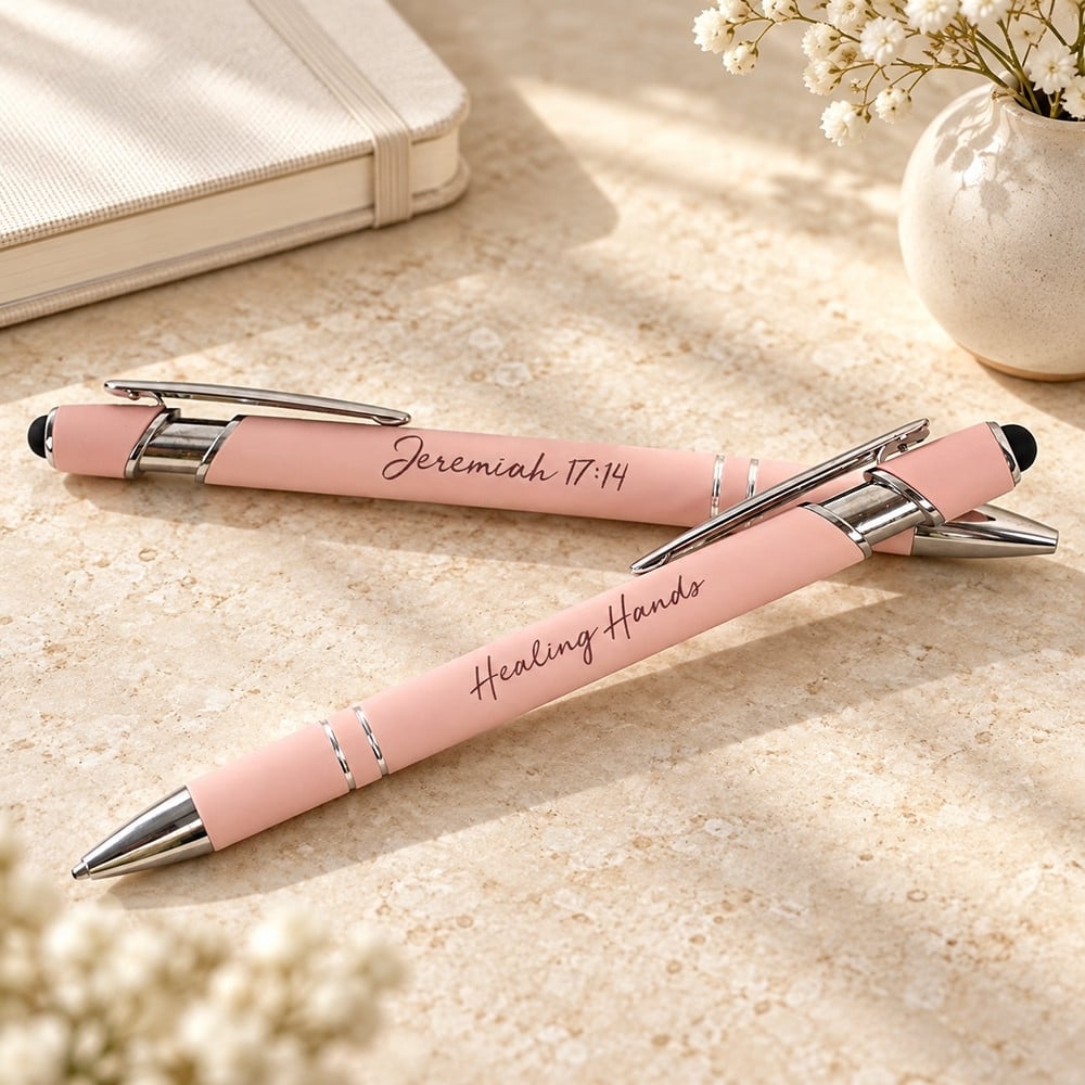 Healing Hands Pen - Jeremiah 17:14 Blush Soft Touch with Stylus - Image 2