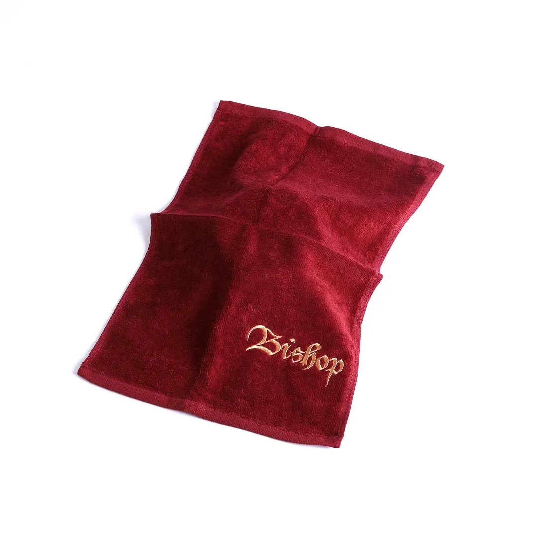 burgundy cotton pastor towel with " Bishop" written on it