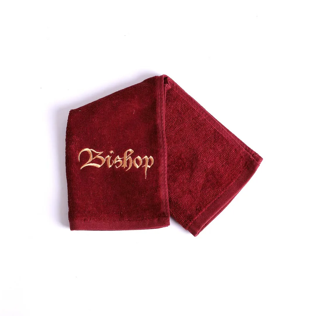 burgundy cotton pastor towel with " Bishop" written on it