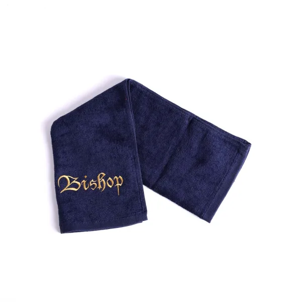 navy cotton pastor towel with " bishop" written on it