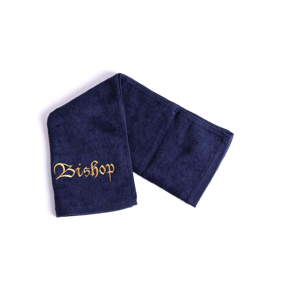 navy cotton pastor towel with " bishop" written on it