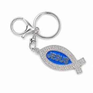 Jesus Fish Keychain – Rhinestone Ichthys with Blue Enamel – Pack of 3