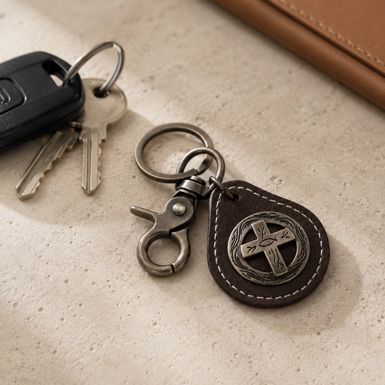 Leather Cross Keychain - Dark Brown Cowhide with Silver Concho - Pack of 3 - Image 3