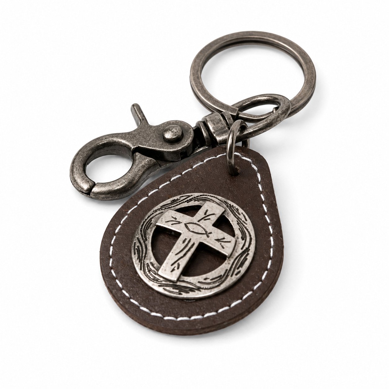 Leather Cross Keychain - Dark Brown Cowhide with Silver Concho - Pack of 3 - Image 2