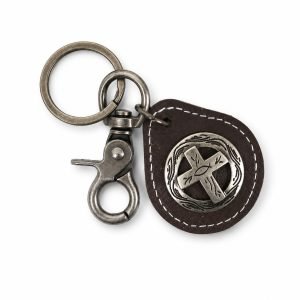 Leather Cross Keychain – Dark Brown Cowhide with Silver Concho – Pack of 3