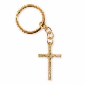 Rhinestone Cross Keychain – Gold Tone with Pave Stones – Pack of 3
