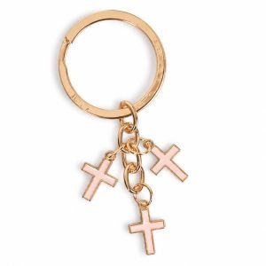Pink Cross Keychain – Three Enamel Crosses on Gold Tone – Pack of 3