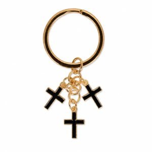 Black Cross Keychain – Three Enamel Crosses on Gold Tone – Pack of 3