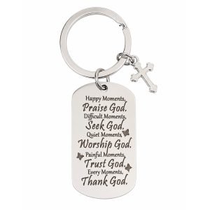 Praise God Keychain – Happy Moments Stainless Steel Tag with Cross – Pack of 3