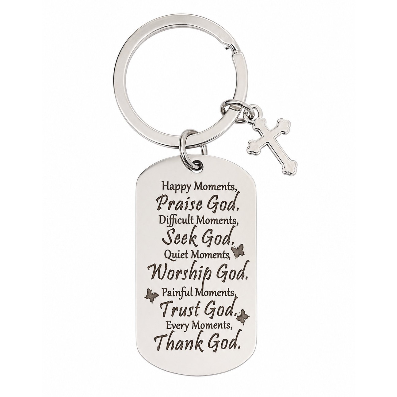Praise God Keychain - Happy Moments Stainless Steel Tag with Cross - Pack of 3