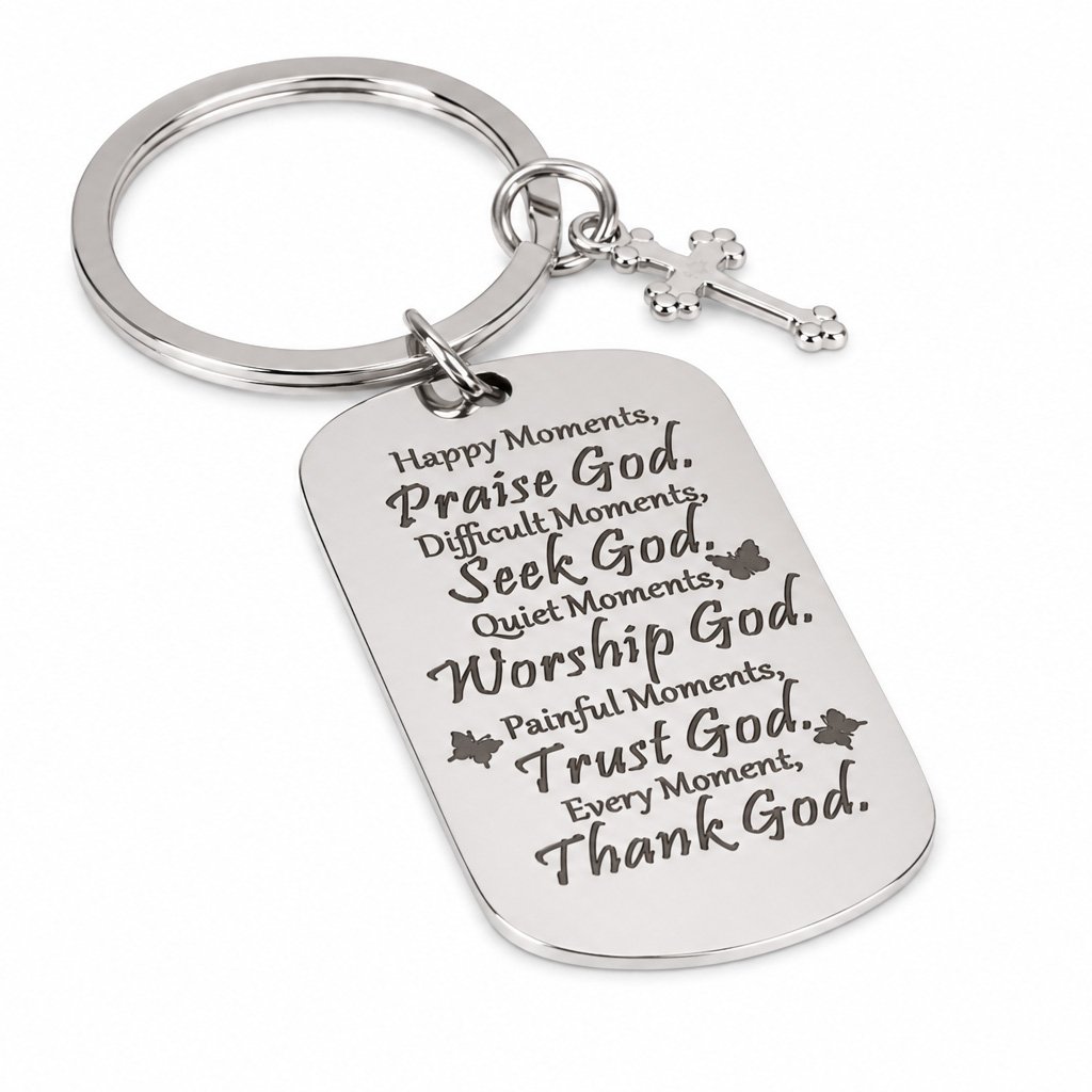 Praise God Keychain - Happy Moments Stainless Steel Tag with Cross - Pack of 3 - Image 2
