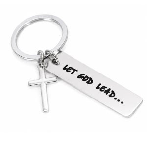 Let God Lead Keychain – Stainless Steel Tag with Cross – Pack of 3