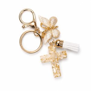 Butterfly Cross Keychain – Gold Tone with Tassel – Pack of 3