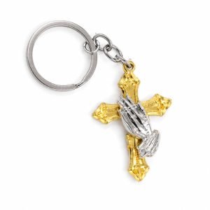 Praying Hands Keychain – Gold Cross with Silver Hands – Pack of 3