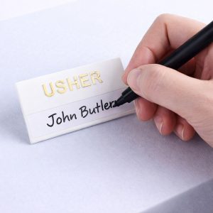 Customizable Usher White Plastic Badge with Gold Letters – Pack of 24 (includes write-on labels)