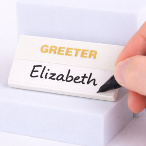 Customizable Greeter White Plastic Badge with Gold Letters – Pack of 24 (includes write-on labels)