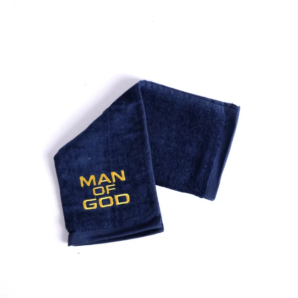 navy cotton pastor towel with "man of God" written on it