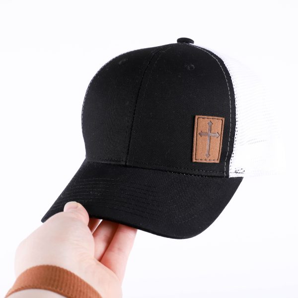 Trucker Hat with Cross Patch - Black & White - Swanson Christian Porducts