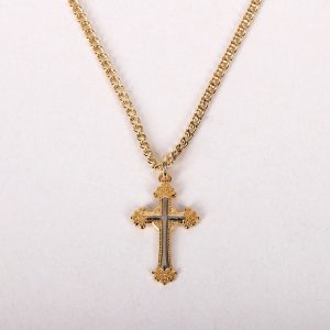 Necklace – Gold Plated Sterling Silver – Ornate Cross – 18″ with Silver