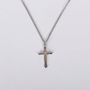 Necklace – Gold Plated Sterling Silver – Cross with Overlay and Crystal – 18″ Silver