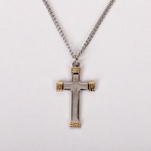 Necklace – Gold Plated Sterling Silver – Cross with Rope Wrapped Tips – 18″ Silver