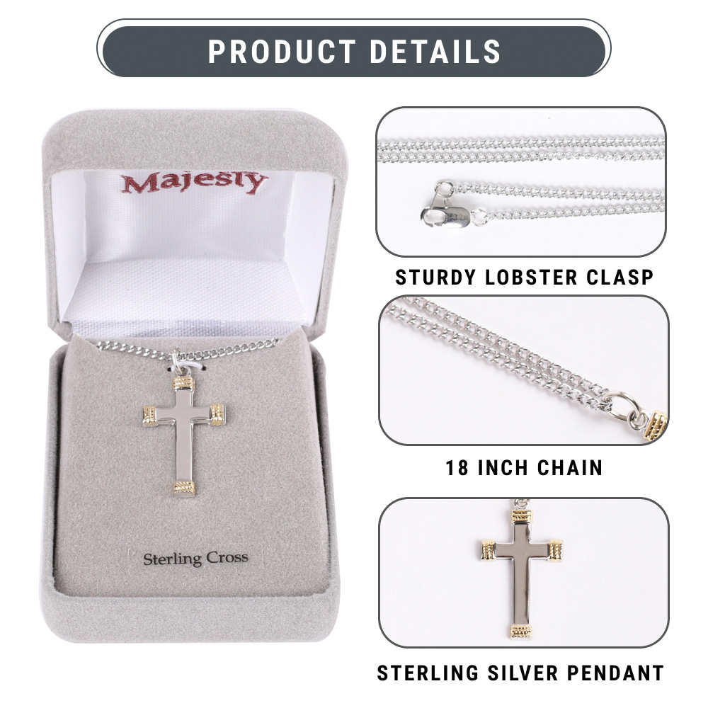 Necklace - Gold Plated Sterling Silver - Cross with Rope Wrapped Tips - 18" Silver - Image 8