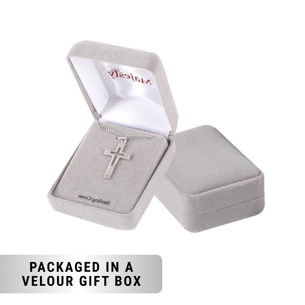 Necklace - Sterling Silver - Outlined Cross with Brushed Silver - 18" Silver - Image 7