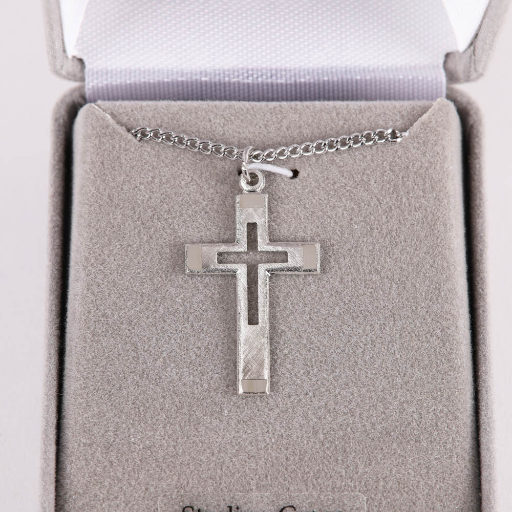 Necklace - Sterling Silver - Outlined Cross with Brushed Silver - 18" Silver - Swanson Christian Products