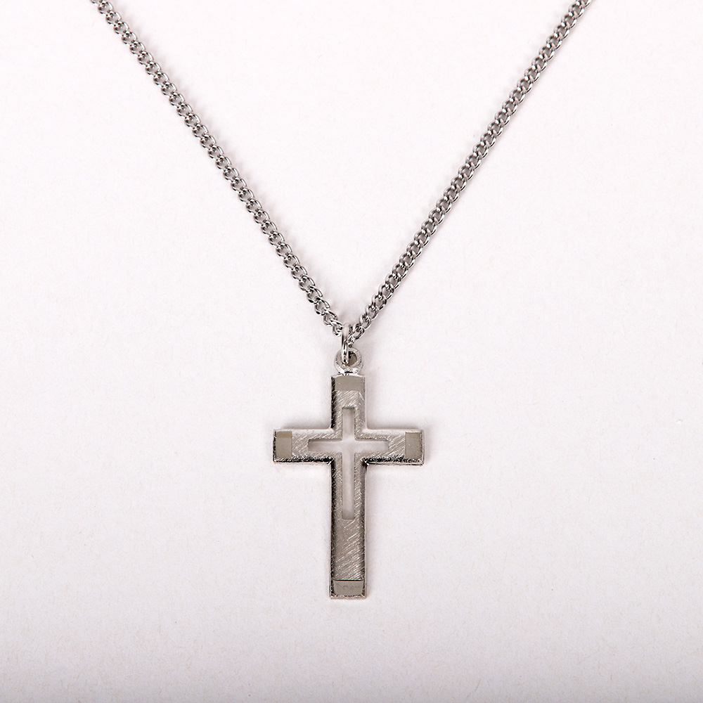 Necklace - Sterling Silver - Outlined Cross with Brushed Silver - 18" Silver