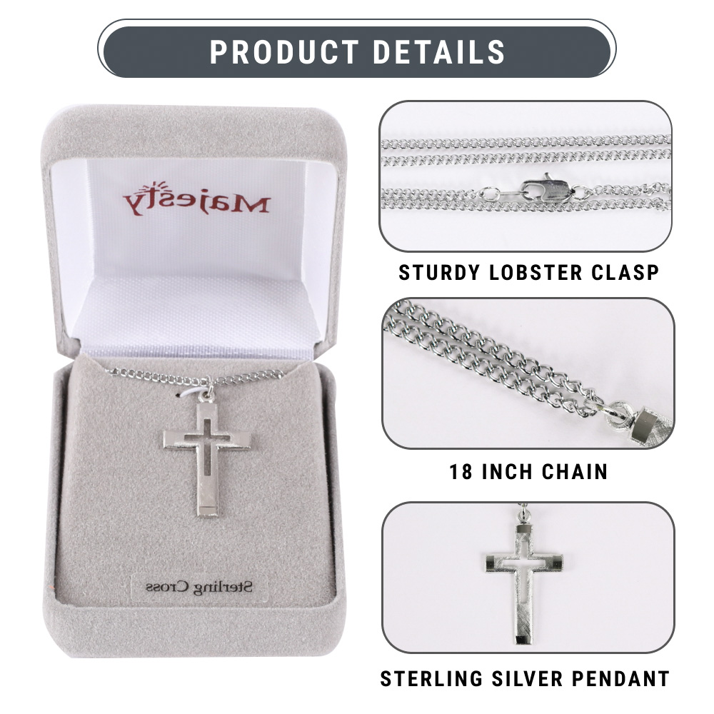 Necklace - Sterling Silver - Outlined Cross with Brushed Silver - 18" Silver - Image 8