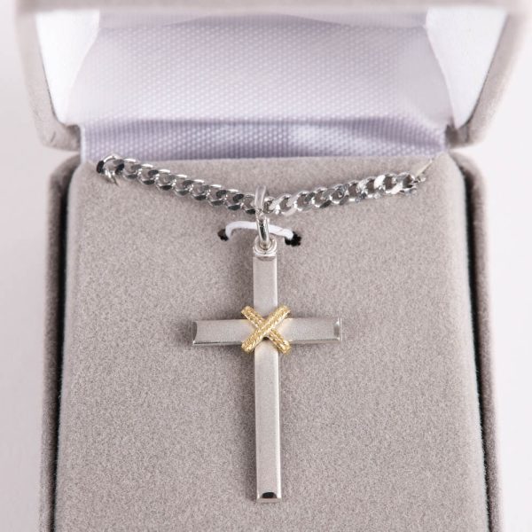 Necklace - Sterling Silver - Cross with Gold Rope - 24" Matte Silver - Swanson Christian Products