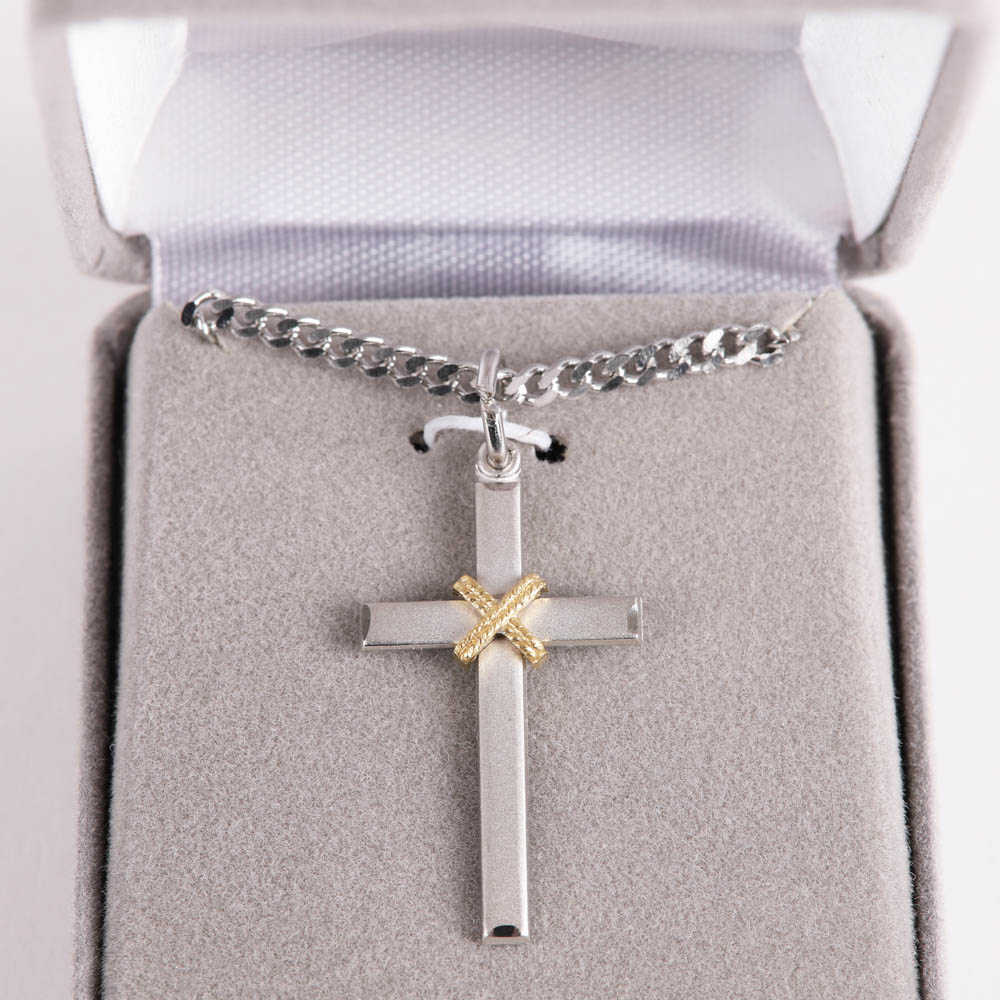 Necklace - Sterling Silver - Cross with Gold Rope - 24" Matte Silver - Swanson Christian Products