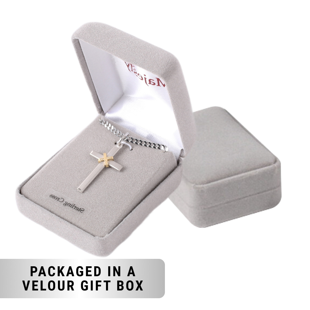 Necklace - Gold Plated Sterling Silver - Cross with Rope - 24" Matte Silver - Image 7