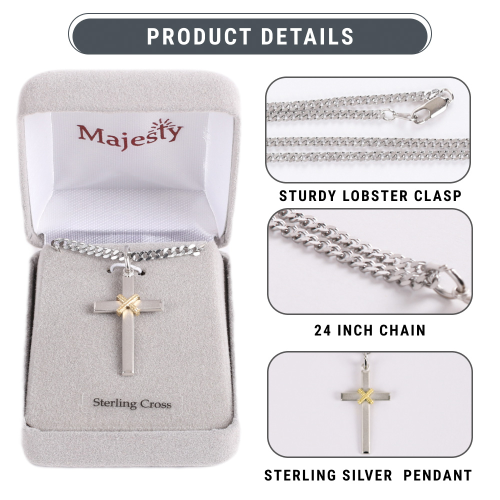 Necklace - Gold Plated Sterling Silver - Cross with Rope - 24" Matte Silver - Image 8