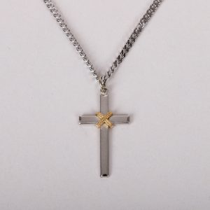Necklace – Gold Plated Sterling Silver – Cross with Rope – 24″ Matte Silver