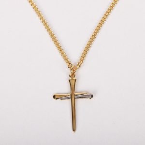 Necklace – Gold Plated Sterling Silver – Cross of Nails – 24″ with Silver