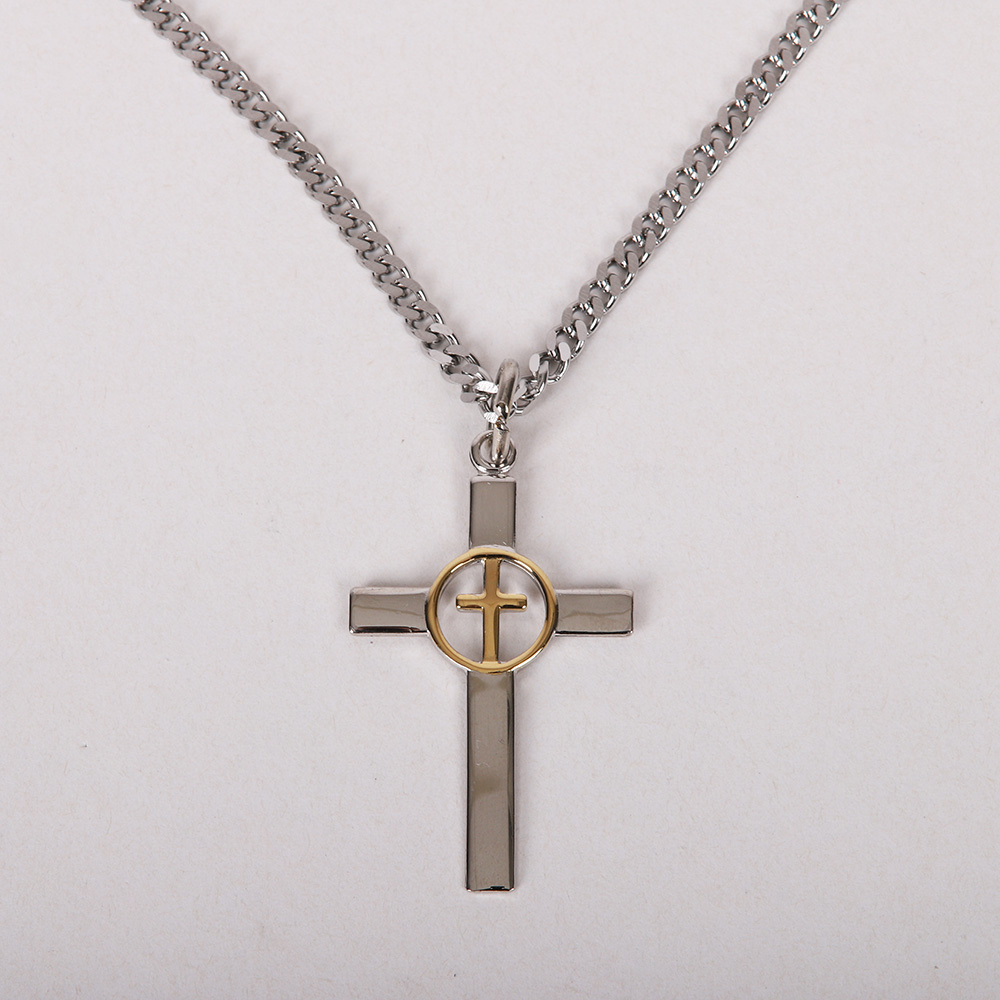Necklace - Gold Plated Sterling Silver - Cross with Cross Center - 24" Silver