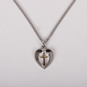 Necklace – Gold Plated Sterling Silver – Heart with Cross – 18″ Silver with