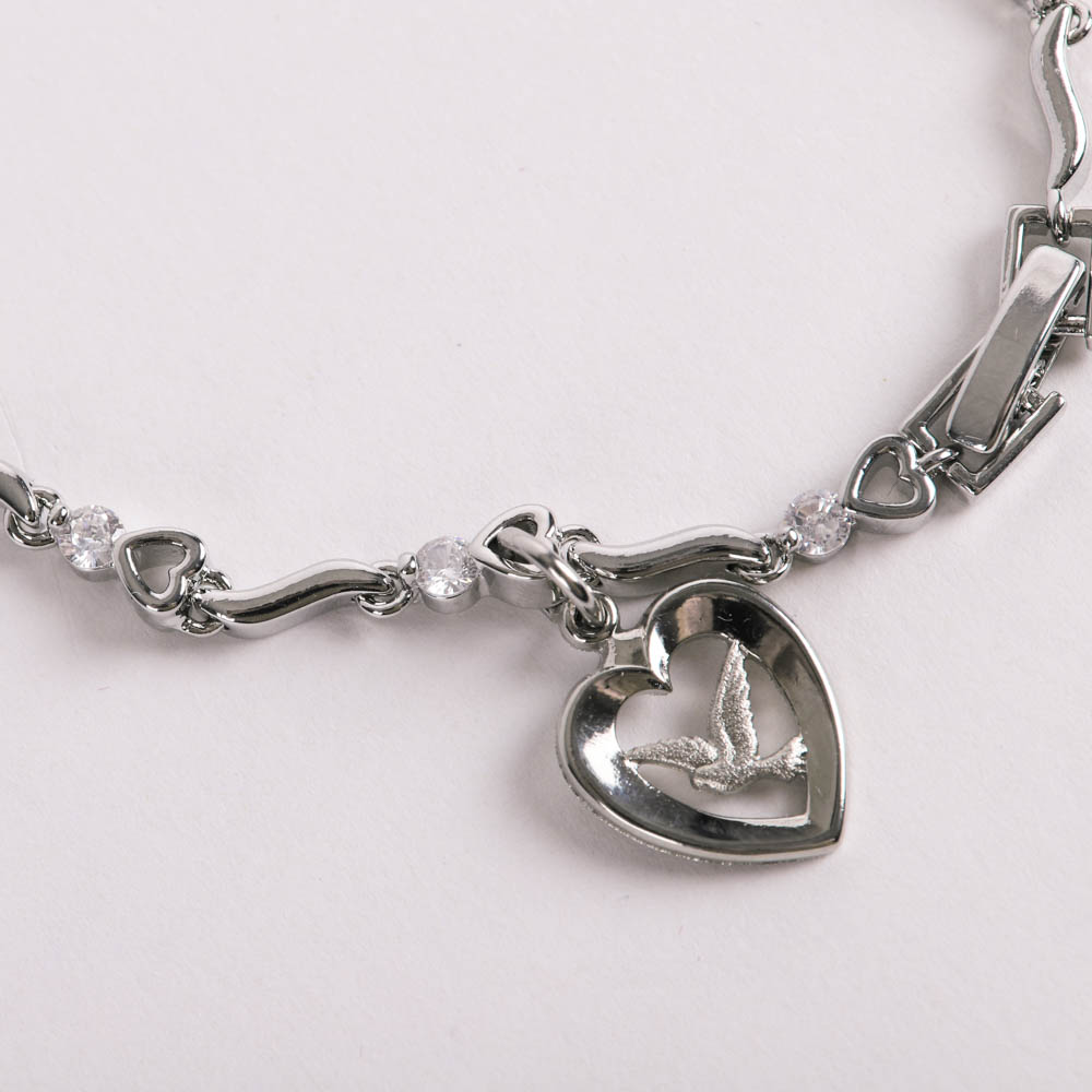 Bracelet - Rhodium and Cubic Zirconia with Heart/Dove Charm - Swanson Christian Products