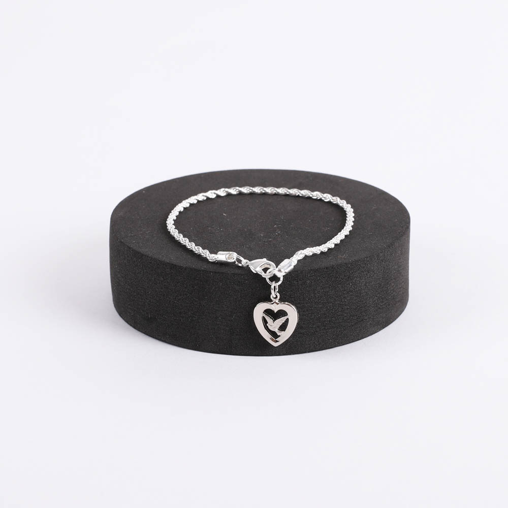 Bracelet - Rhodium Twisted Rope with Heart/Dove Charm - Silver - Swanson Christian Products