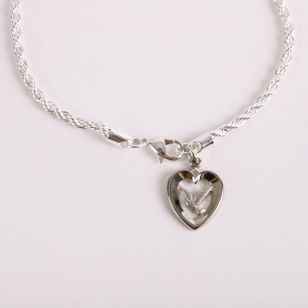 Bracelet - Rhodium Twisted Rope with Heart/Dove Charm - Silver - Swanson Christian Products